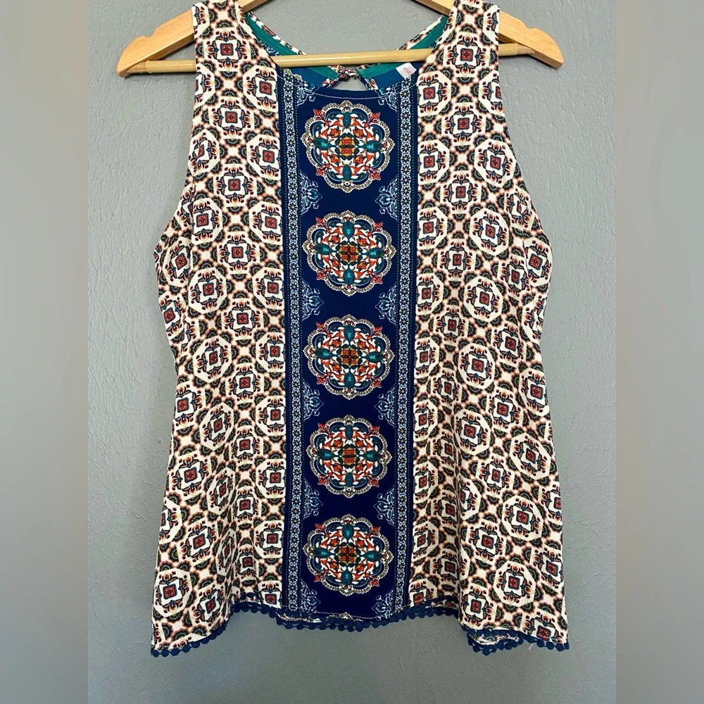 Xhilaration Geometric Tile Print Tank Top Boho Crochet Trim Blue Orange Size L - Picture 7 of 9